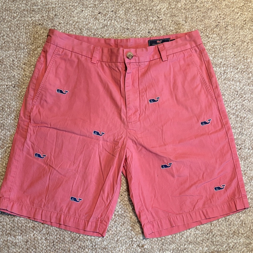Vineyard Vines Coral Pink Whale-Embroidered Flat Front Shorts